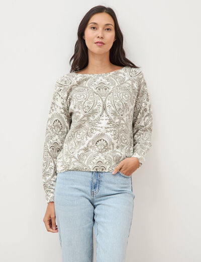 Pull manches longues col bateau vert kaki femme