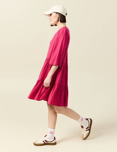 Robe évasée manches 3/4 rose framboise femme