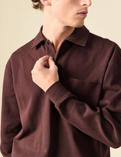 Polo ample manches longues col polo marron fonc&eacute; homme