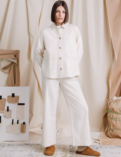 Blouson boutonné brodé denim blanc femme