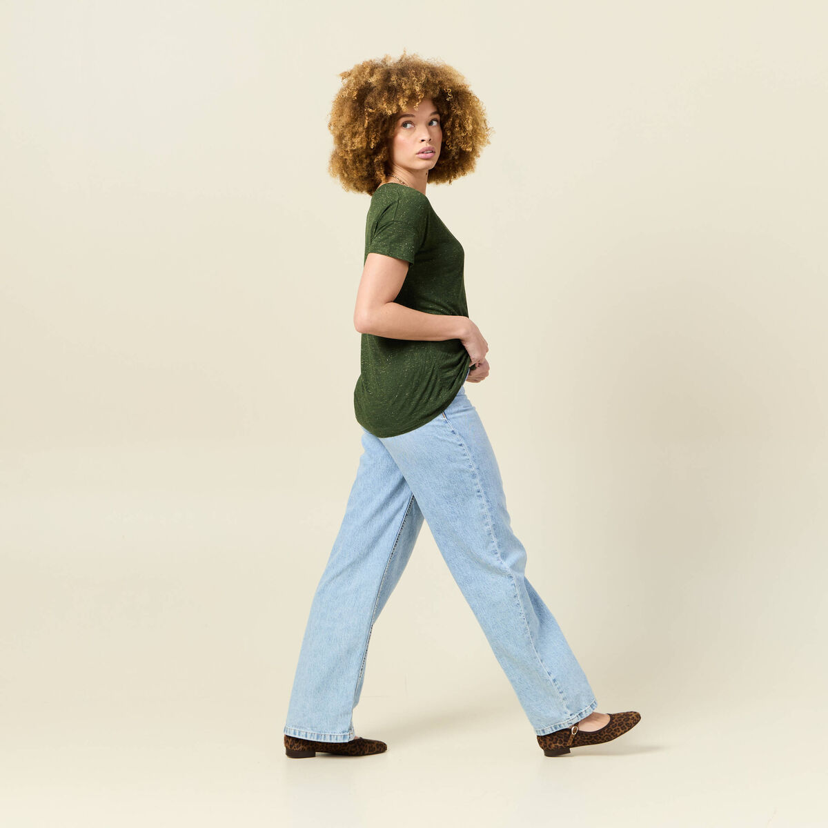 T-shirt manches courtes brillant vert kaki femme