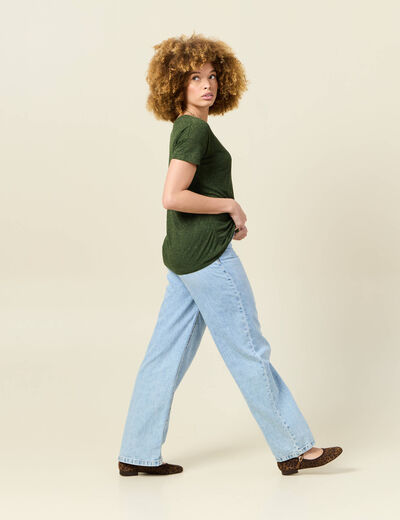 T-shirt manches courtes brillant vert kaki femme