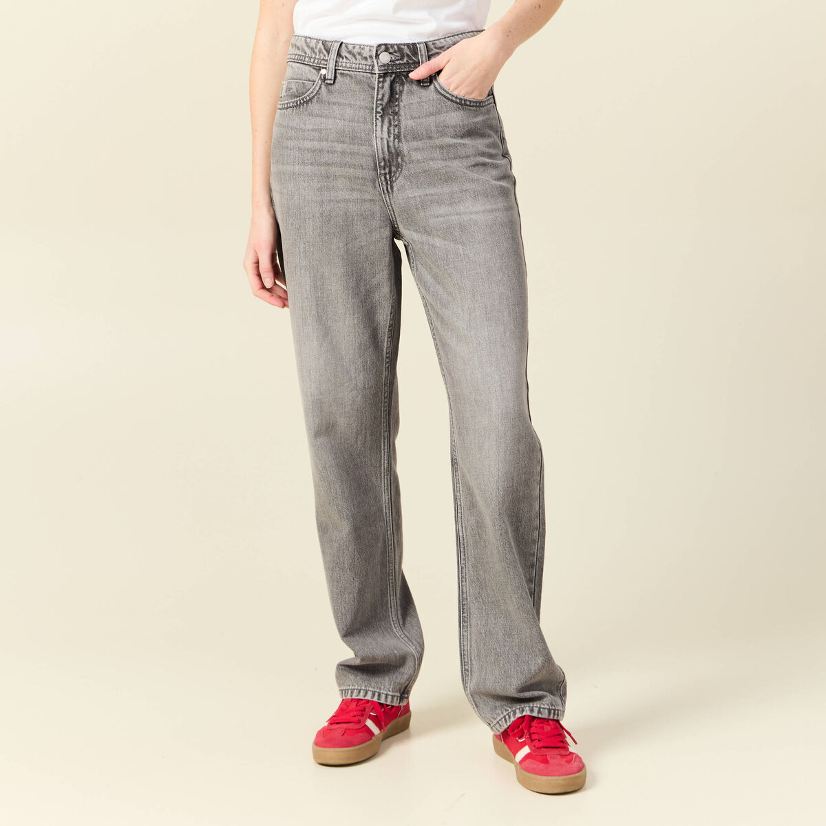 Jeans straight taille haute denim gris clair femme