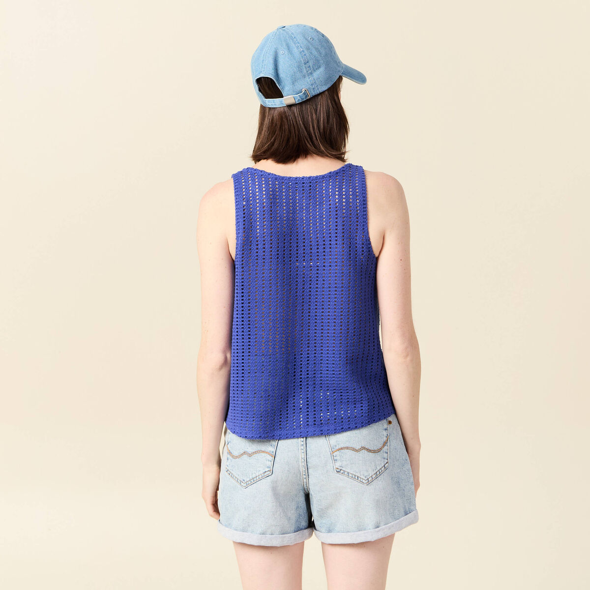 Débardeur sans manches ajouré bleu violet femme