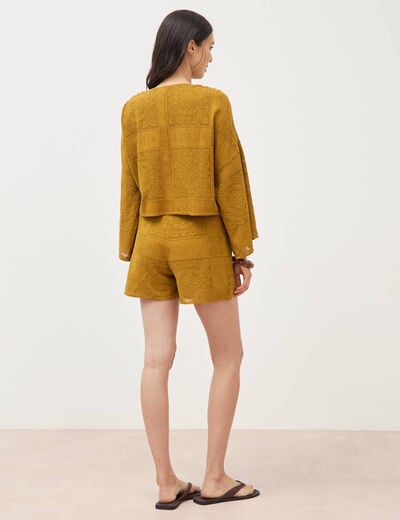 Gilet ajour&eacute; col v manches coude vert olive femme