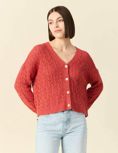 Gilet manches longues ajouré rouge femme