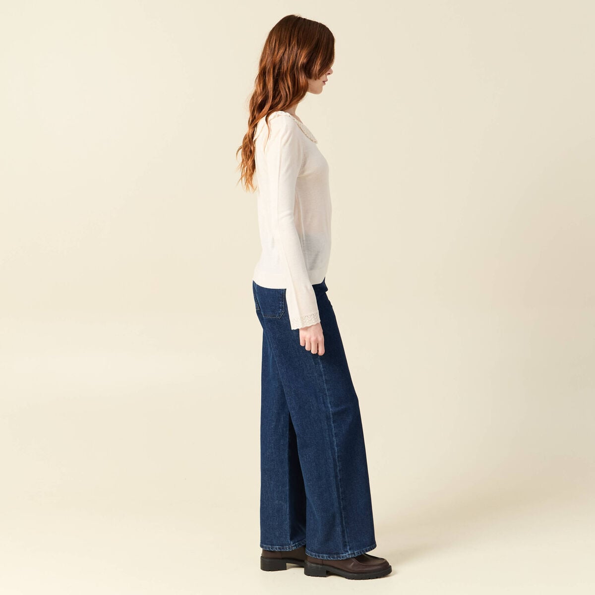 Pull col rond &agrave; volants manches longues ivoire femme