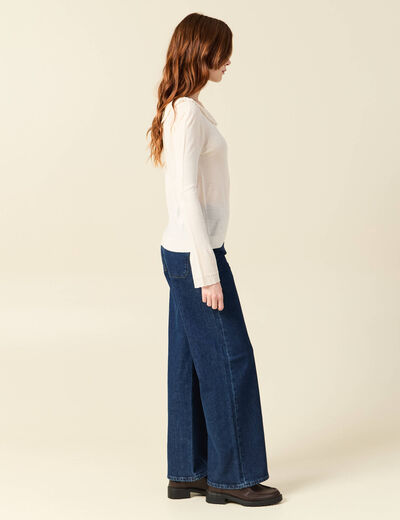 Pull col rond &agrave; volants manches longues ivoire femme