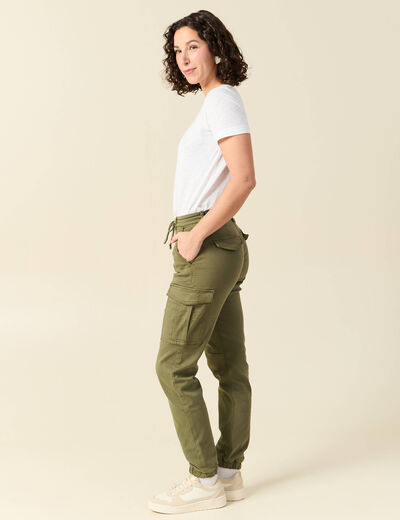 Pantalon cargo battle 7/8&egrave;me en maille vert kaki femme