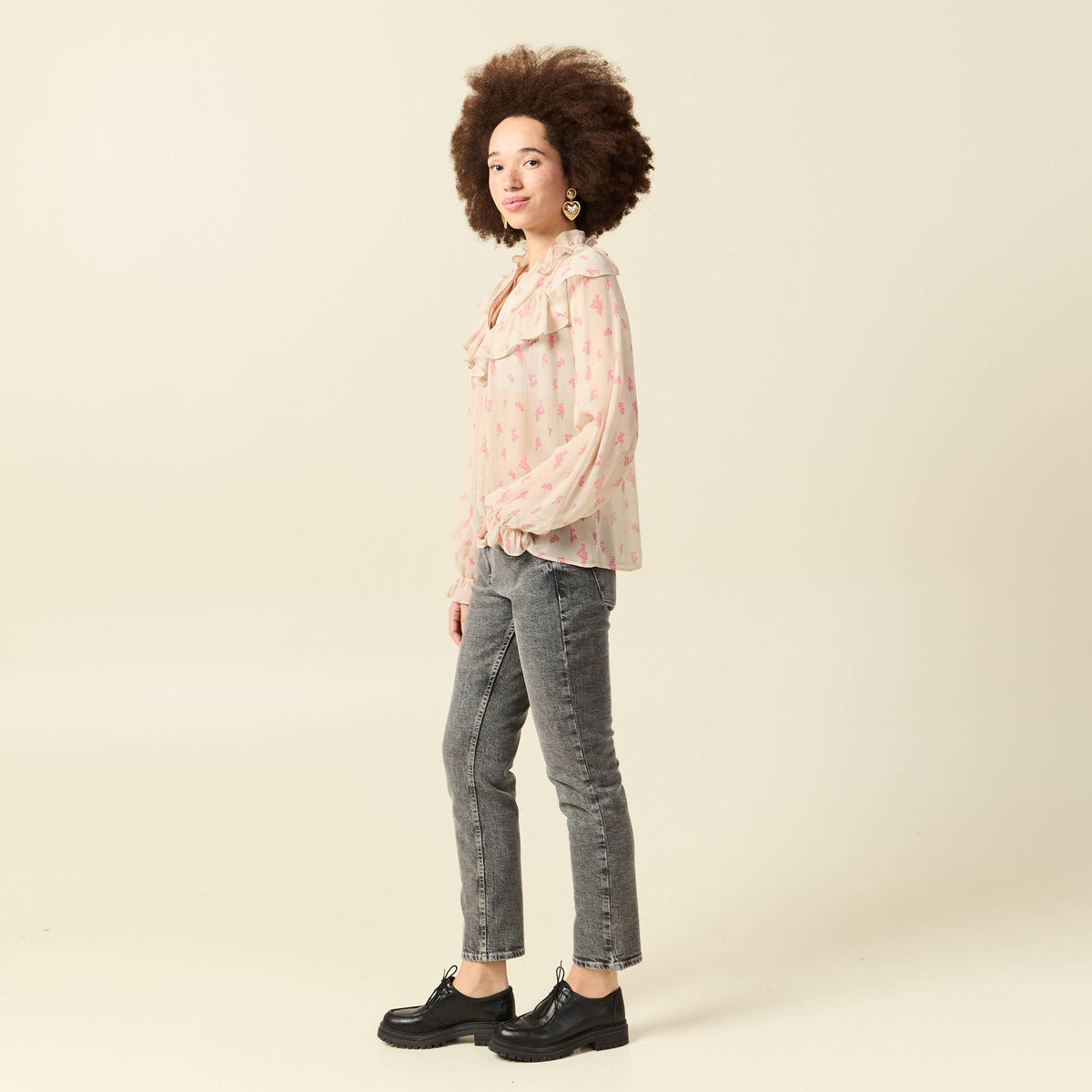 Blouse oversize col v manches longues blanc femme