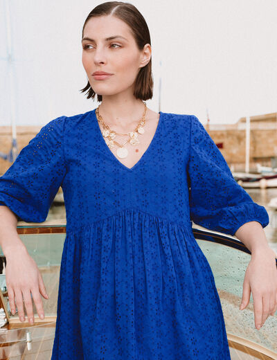 Robe droite courte col v manches 3/4 bleu electrique femme
