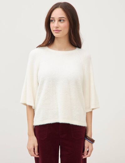 Pull droit manches 3/4 col rond ecru femme