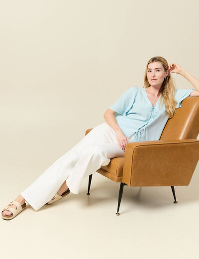 Blouse manches courtes nouée bleu pastel femme