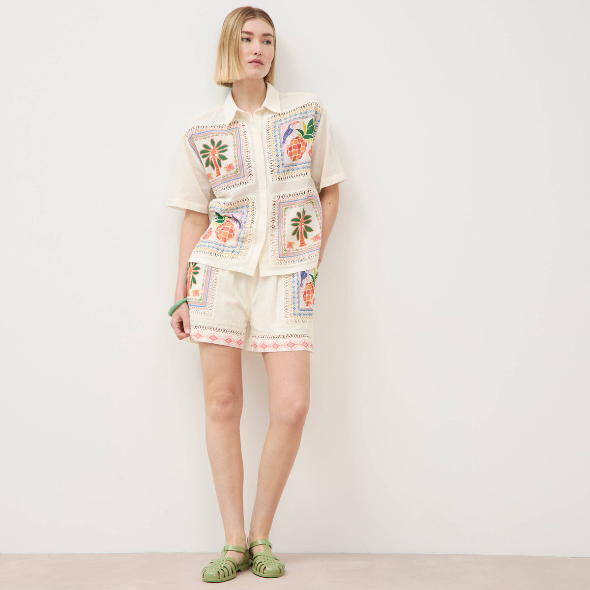 Short en coton avec doublure ecru femme