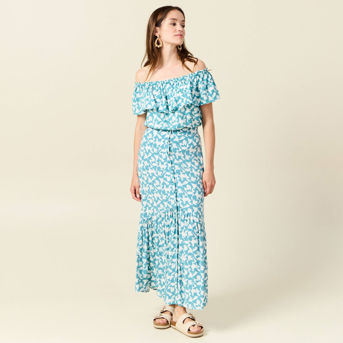 Jupe longue évasée fluide blanc femme