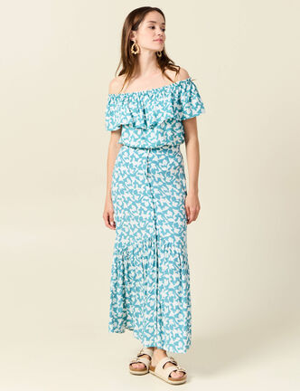 Jupe longue évasée fluide blanc femme
