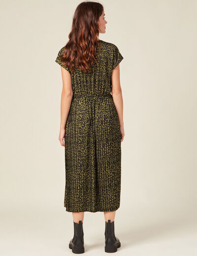 Robe midi évasée plissée satin vert kaki femme