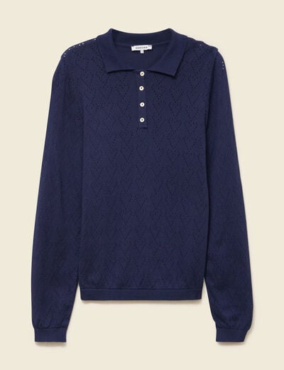 Pull ajouré manches longues en coton bleu marine femme