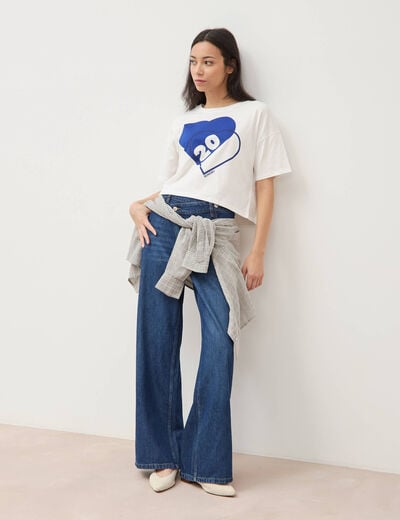 T-shirt droit cropped manches coude ecru femme