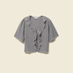 T-shirt col V &agrave; volants manches courtes ecru femme