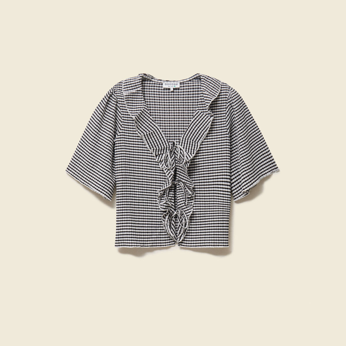 T-shirt col V &agrave; volants manches courtes ecru femme