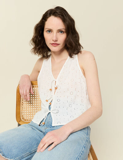 Gilet sans manches nou&eacute; ecru femme