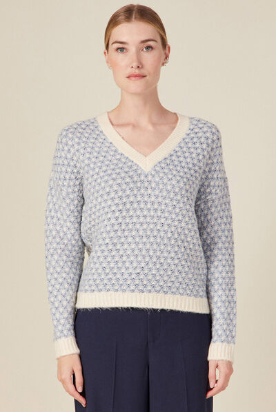 Pull manches longues col en V bleu gris femme