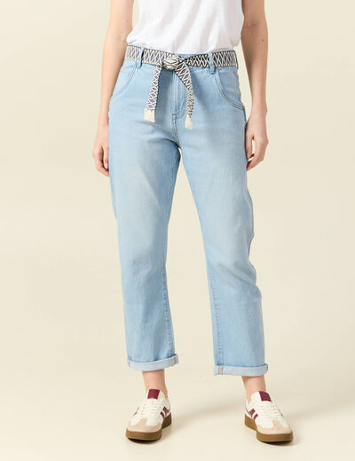 Jeans boyfriend ceinturé denim bleach femme