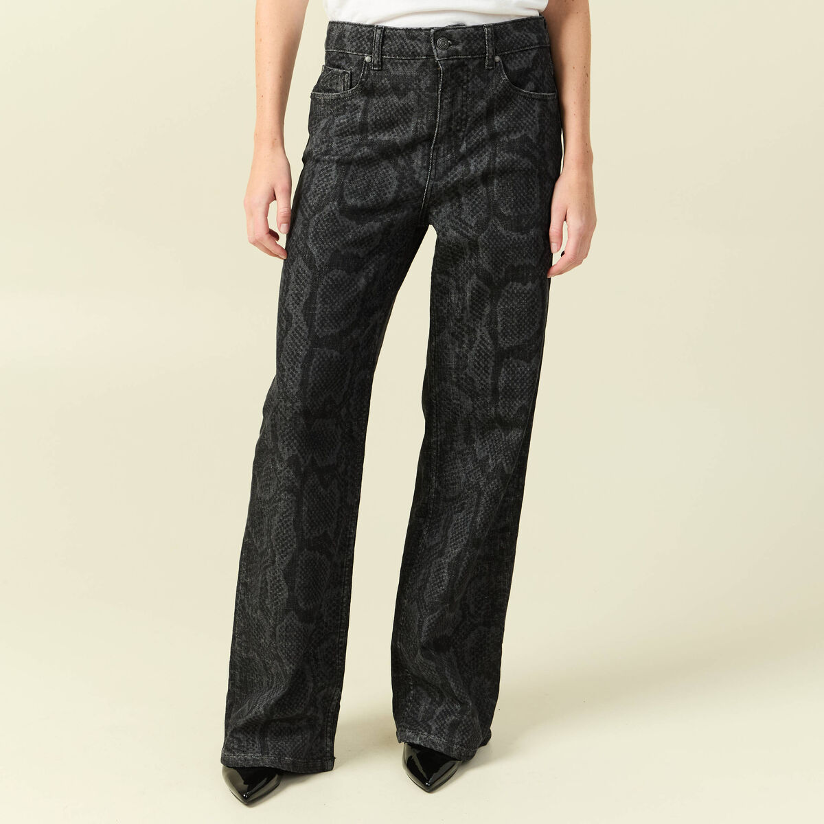 Pantalon wide large taille haute gris fonc&eacute; femme