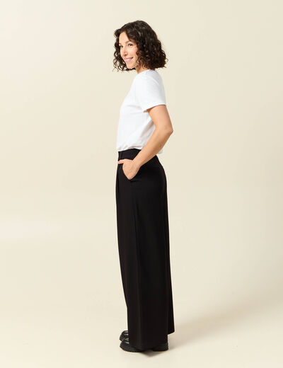 Pantalon large taille haute fluide noir femme