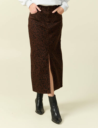 Jupe droite longue en coton marron cognac femme