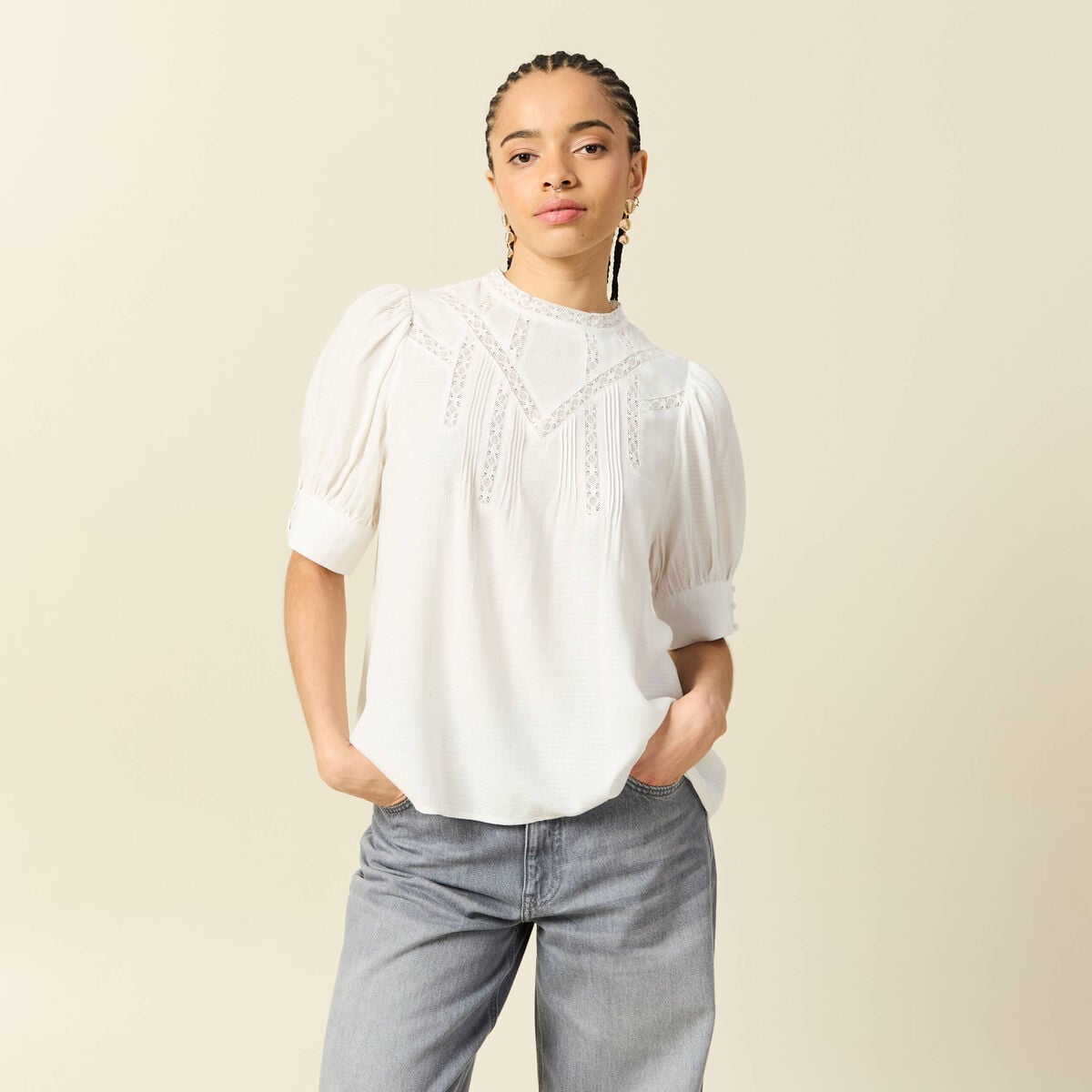 Blouse manches courtes col rond ecru femme