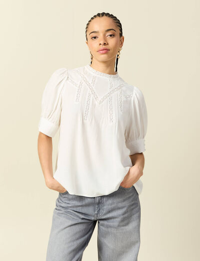 Blouse manches courtes col rond ecru femme