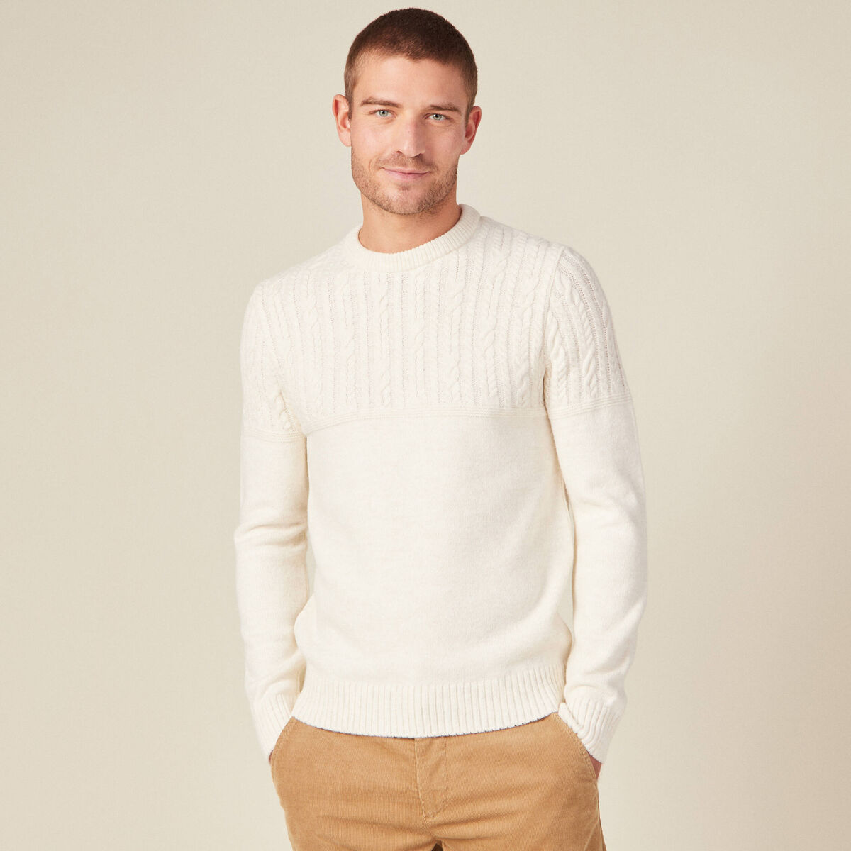 Pull manches longues torsades ecru homme