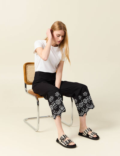 Pantalon large brodé 7/8ème noir femme