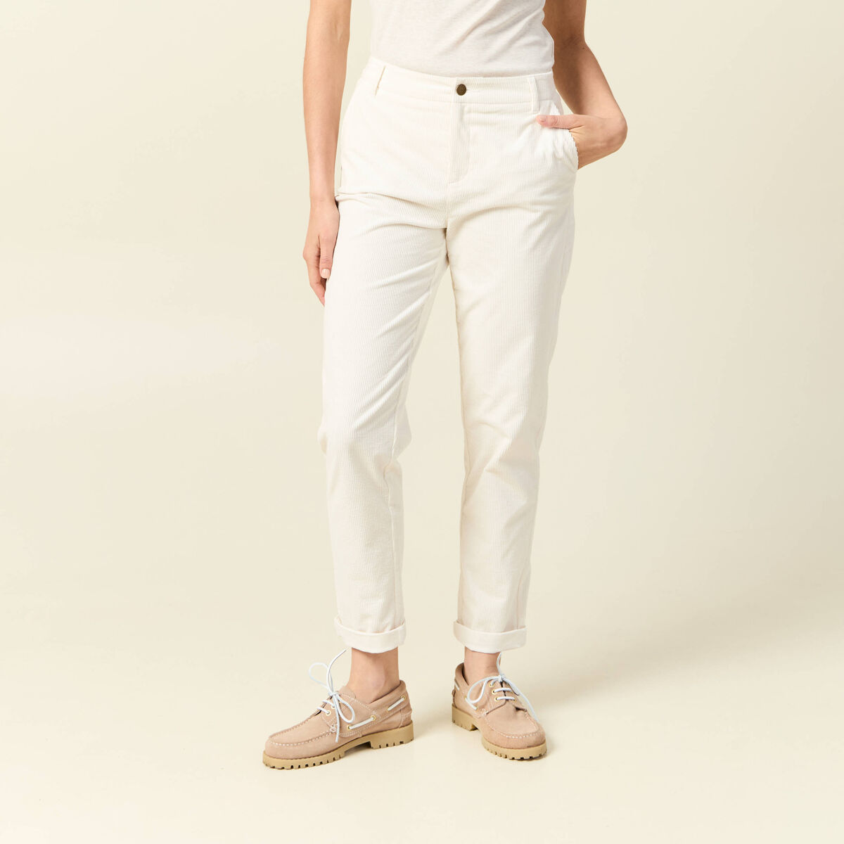 Pantalon large 7/8&egrave;me taille haute ecru femme
