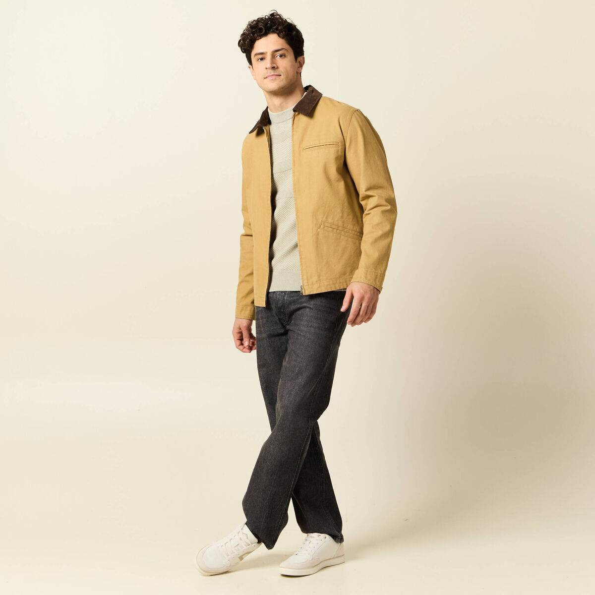 Veste zippée col velours camel homme