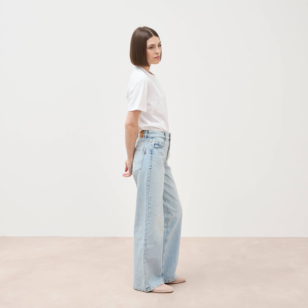 Jeans large taille haute denim bleach femme