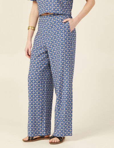 Pantalon large taille haute bleu femme