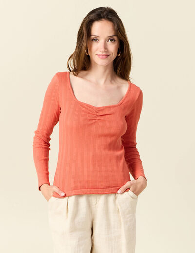T-shirt manches longues orange corail femme