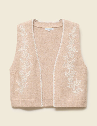 Gilet sans manches col v brod&eacute; creme femme