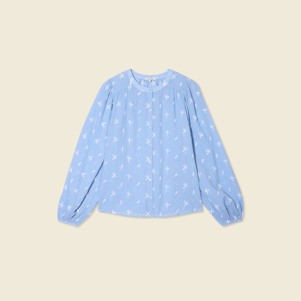 Blouse manches longues brodée bleu ciel femme