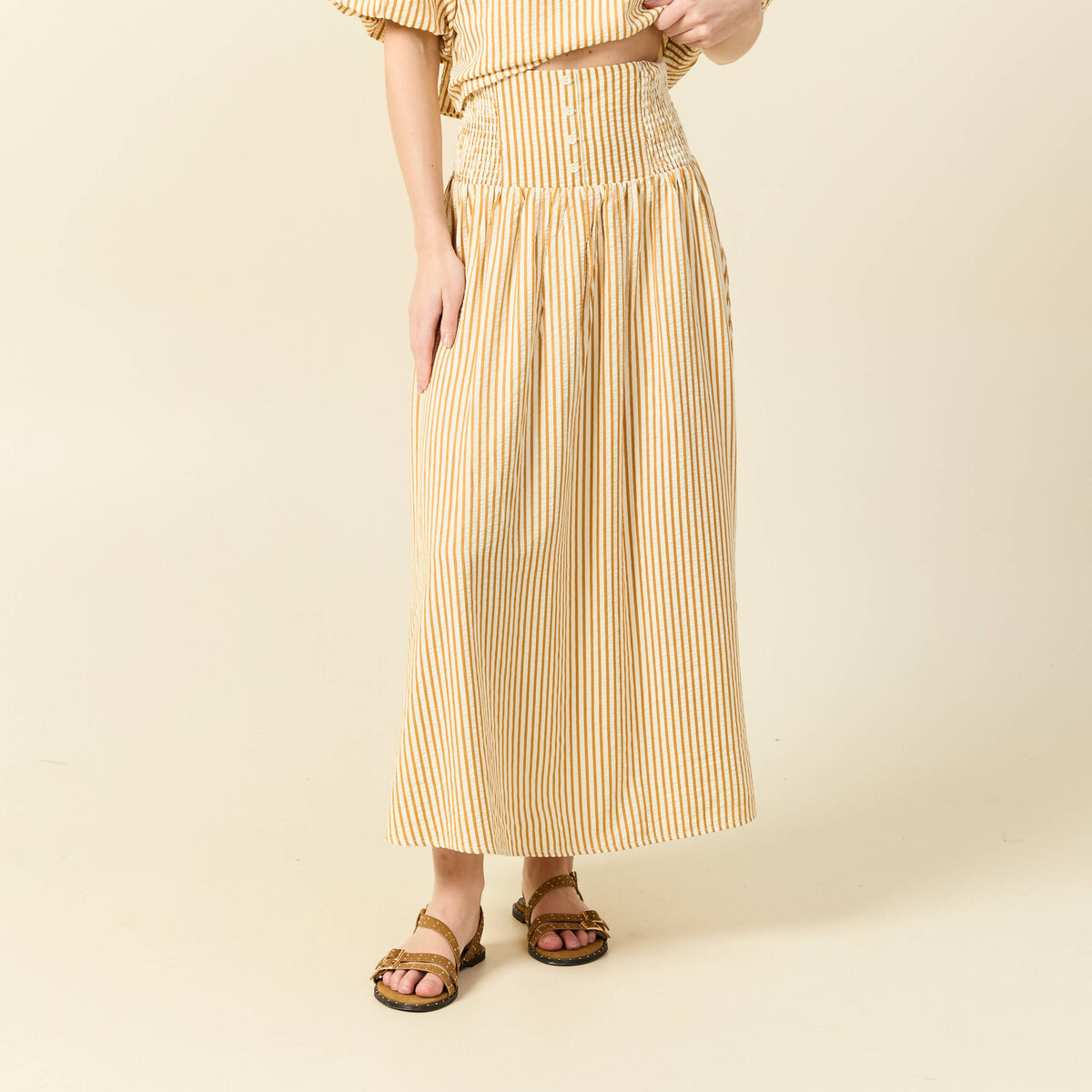 Jupe longue &eacute;vas&eacute;e taille haute beige moyen femme