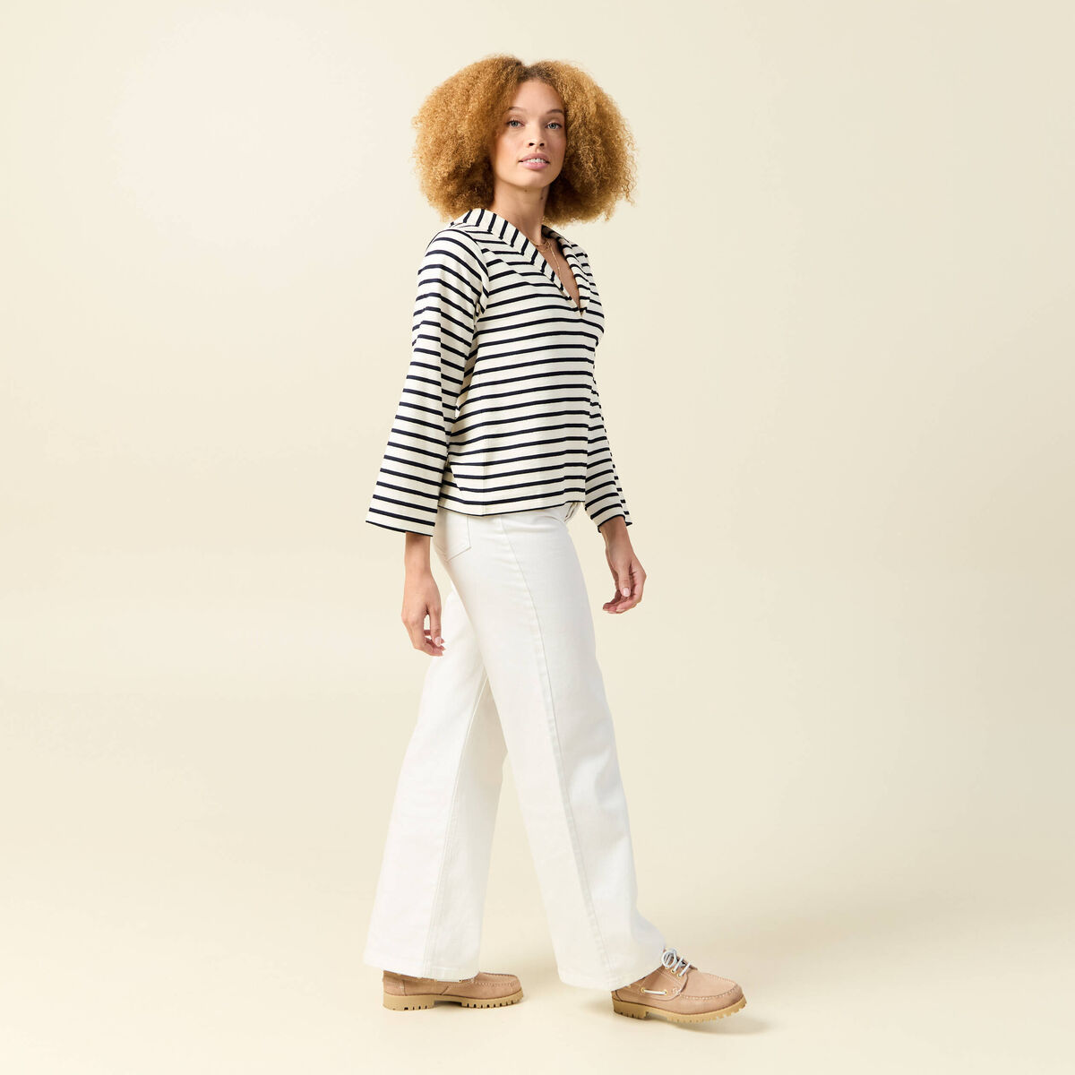 T-shirt col V manches longues ecru femme