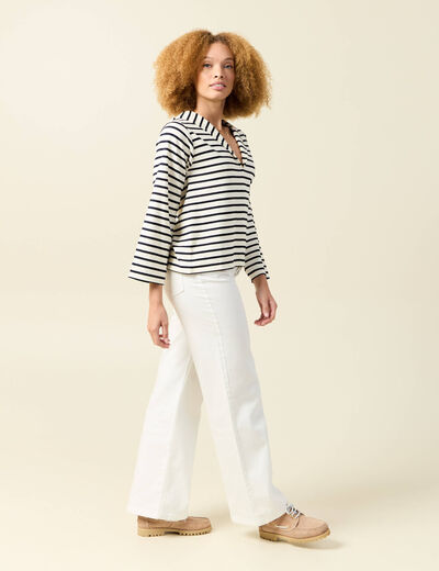 T-shirt col V manches longues ecru femme
