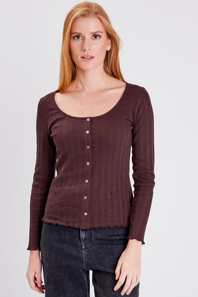 T-shirt manches longues marron foncé femme