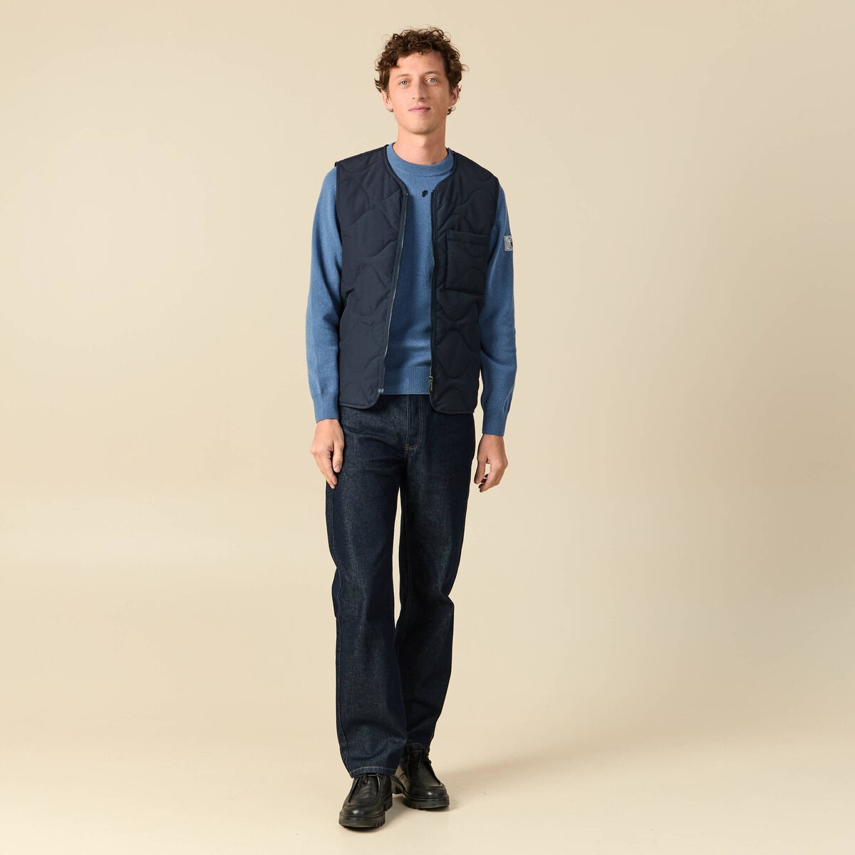 Pull fin col rond manches longues bleu fonc&eacute; homme
