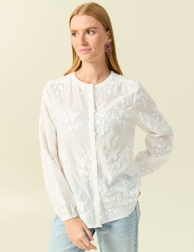 Chemise col rond manches longues brod&eacute;e ecru femme