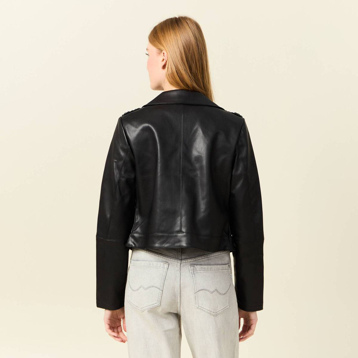 Blouson ajusté simili cuir noir femme