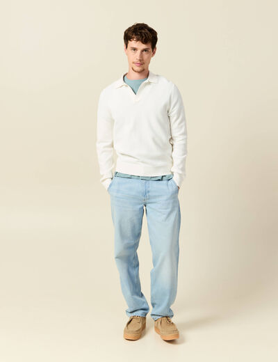Pull droit col polo manches longues ecru homme